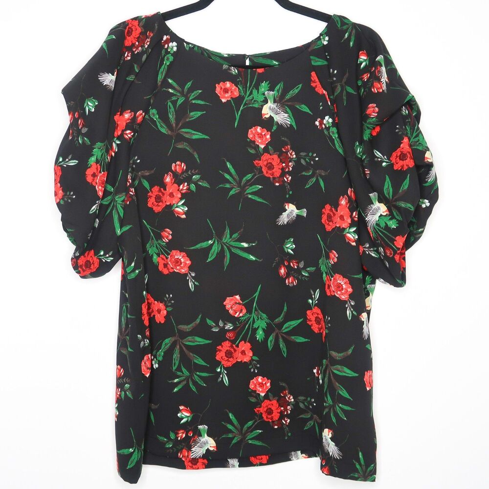 Gibson Latimer Womens Blouse Size XL Black Red Rose Floral‎ Birds Feminine Top
